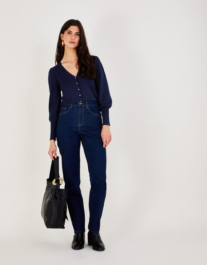 Crop Deep Rib Cuff Cardigan, Blue (NAVY), large
