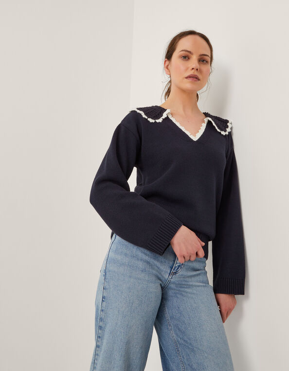 Clay Collar V-Neck Sweater, Blue (NAVY), large