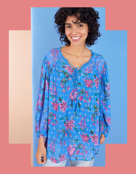 East Harriet Floral Foil Print Top , Blue (BLUE), large