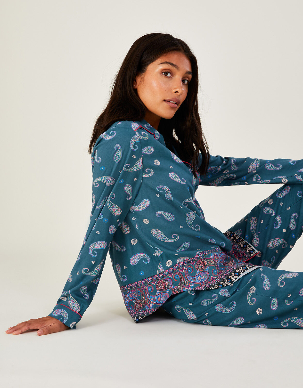 Paisley Print Border Pyjama Set in LENZING ECOVERO Teal