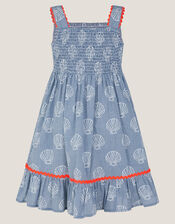 Shell Print Gingham Dress, Blue (BLUE), large