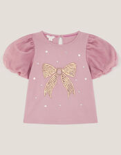 Sequin Bow Puff Sleeve T-Shirt, Purple (PURPLE), large