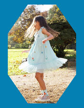 Frugi Embroidered Flower Tulle Dress, Blue (BLUE), large