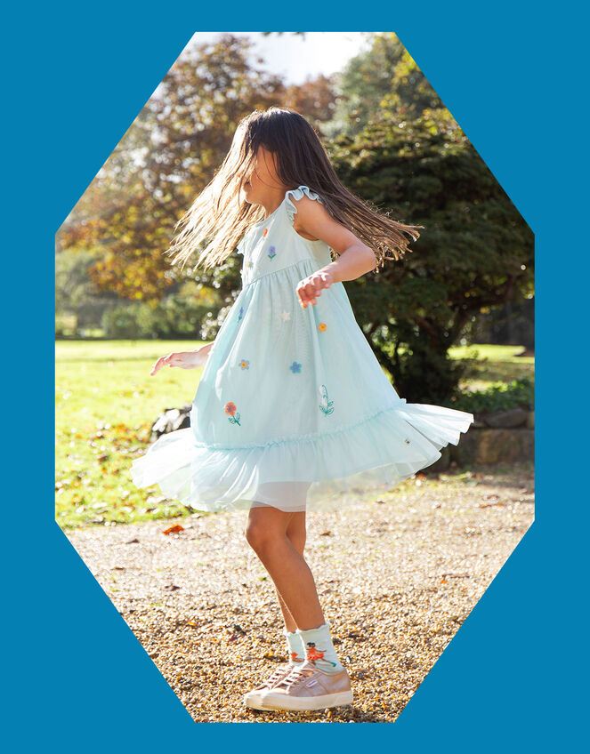 Frugi Embroidered Flower Tulle Dress, Blue (BLUE), large