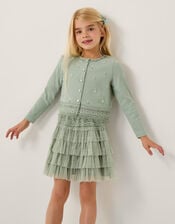 Embellished Cardigan & Mesh Tiered Skirt Set, Green (SAGE), large