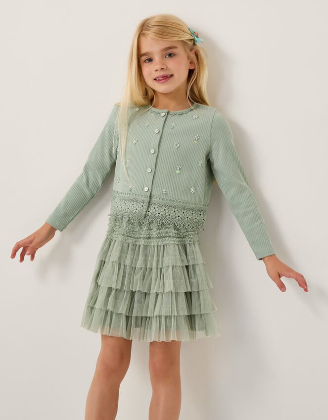 Embellished Cardigan & Mesh Tiered Skirt Set, Green (SAGE), large