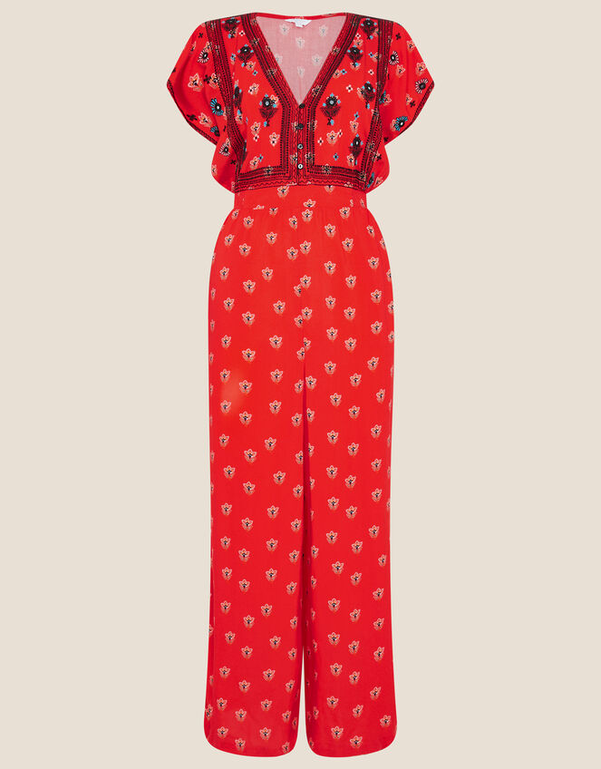 Embroidered Trim Printed Jumpsuit, Red (RED), large