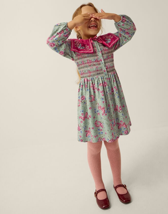 Floral Print Velvet Collar Dress, Green (GREEN), large