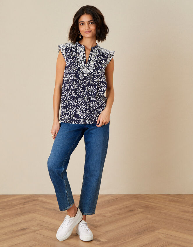 Calli Printed Sleeveless Top, Blue (NAVY), large