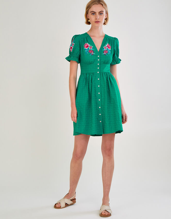 Embroidered Knee Length Dress in Sustainable Cotton, Green (GREEN), large