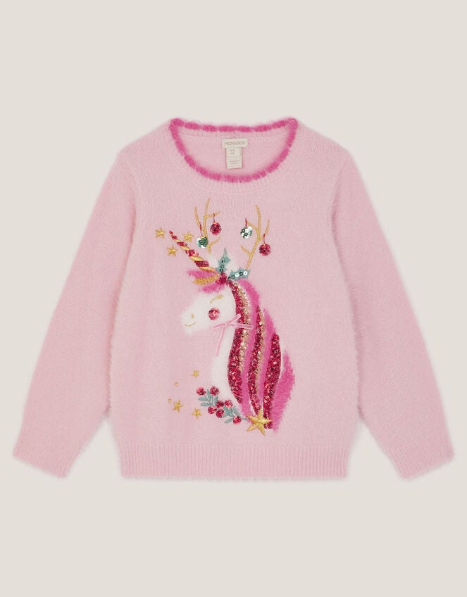 Christmas Unicorn Fuzzy Jumper, Pink (PINK), large