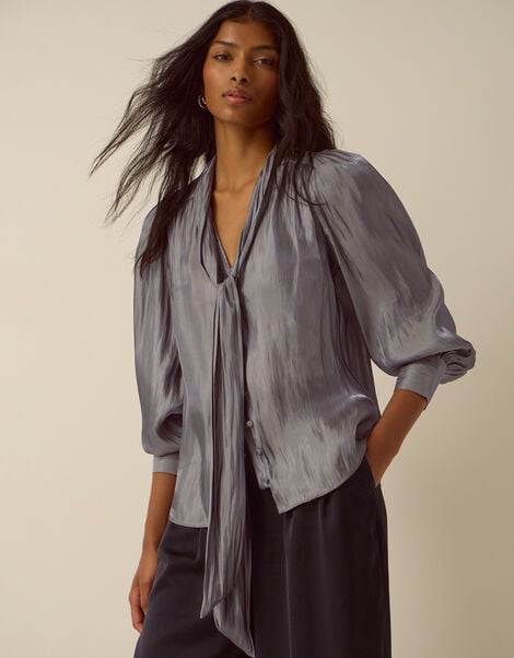 Mira Metallic Pussybow Blouse, Silver (SILVER), large
