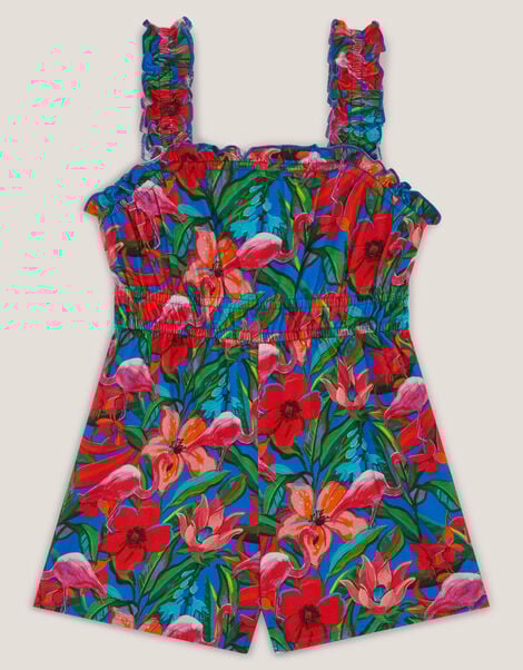 Tropical Print Jersey Playsuit, Blue (BLUE), large