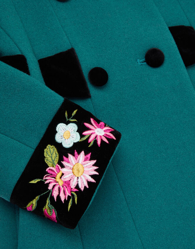 Contrast Double-Breasted Velvet Coat, Teal (TEAL), large