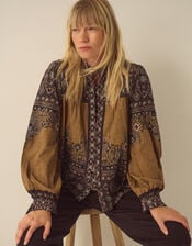 Branwen Floral Print Jersey Blouse, Yellow (OCHRE), large