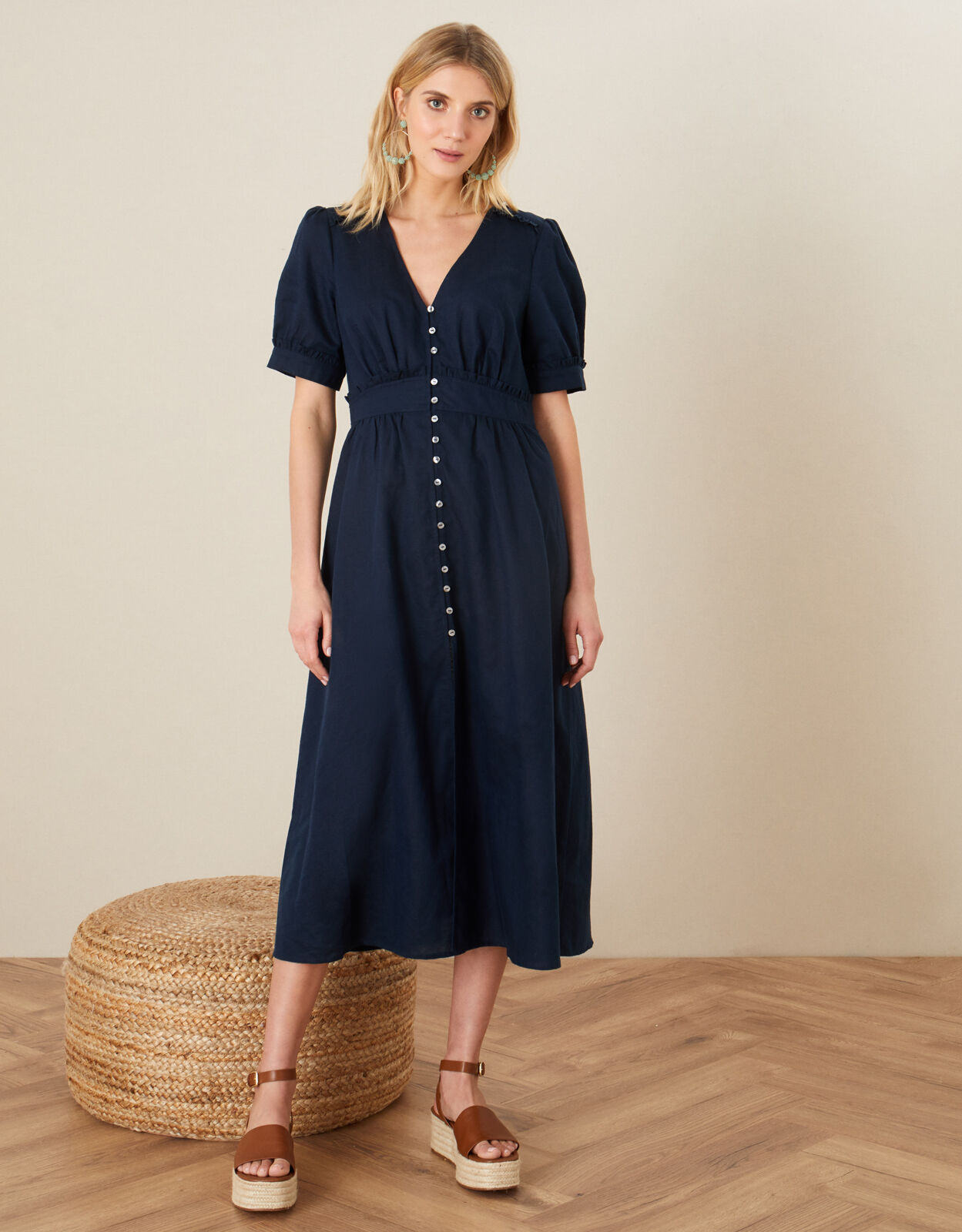 Navy linen deals midi dress