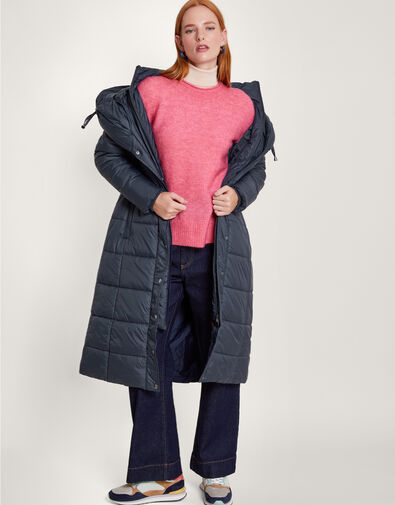 Sorena Belted Padded Midi Coat in Recycled Polyester  Blue, Blue (NAVY), large