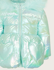Baby Iridescent Padded Coat with Hood, Blue (AQUA), large