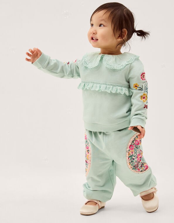 Baby Embroidered Floral Top & Jogger Set, Green (GREEN), large