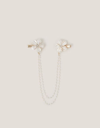 Flower Pearl Chain Double Hair Clip, , large