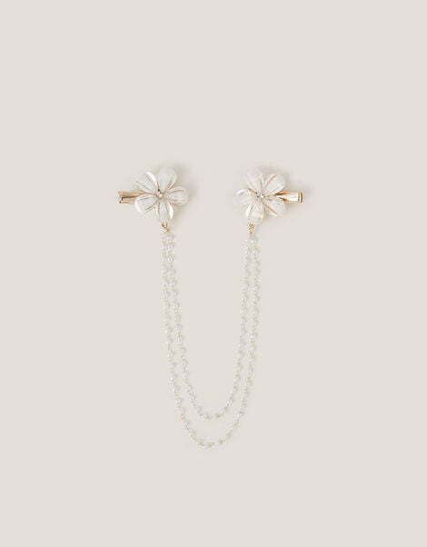 Flower Pearl Chain Double Hair Clip, , large