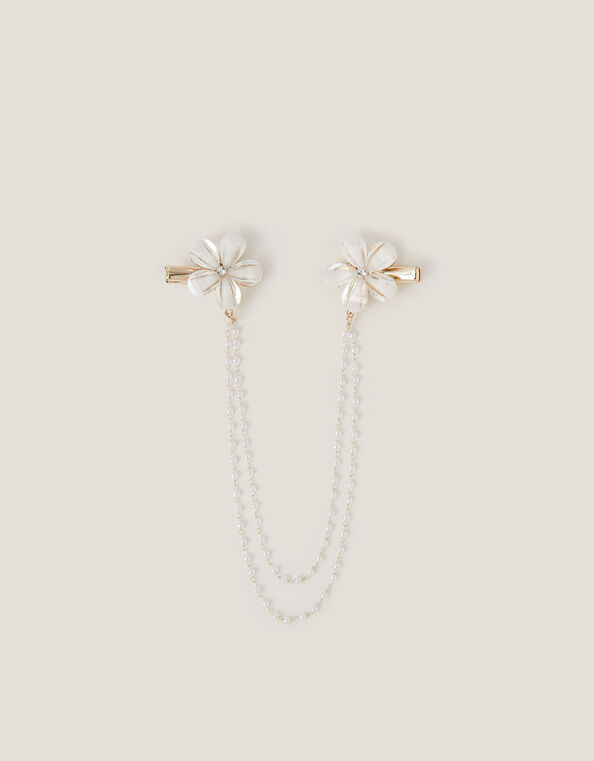 Flower Pearl Chain Double Hair Clip, , large
