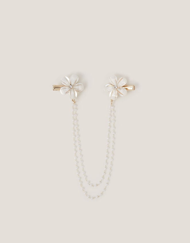 Flower Pearl Chain Double Hair Clip, , large