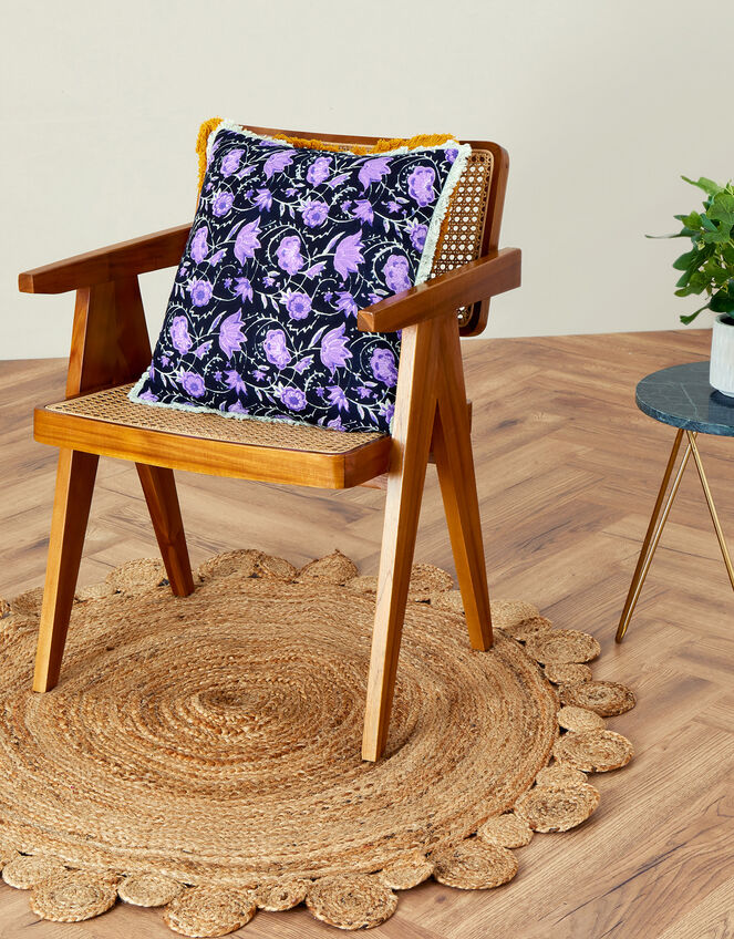 Woodblock Print Fringe Cushion in Organic Cotton, , large