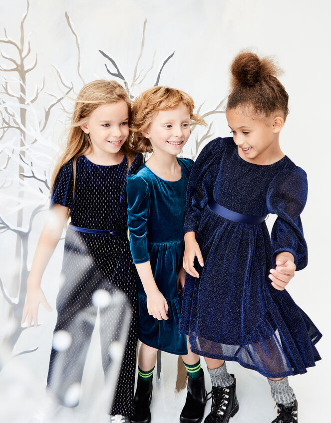 Tiered Velvet Dress with Recycled Fabric, Teal (TEAL), large