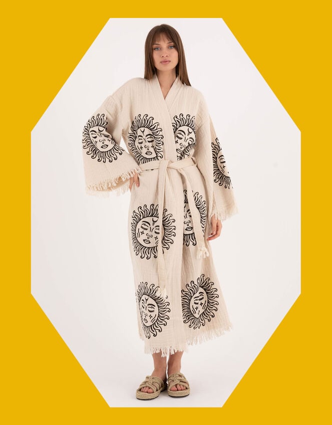 Meraki Beach Sun Woodblock Print Kimono, , large