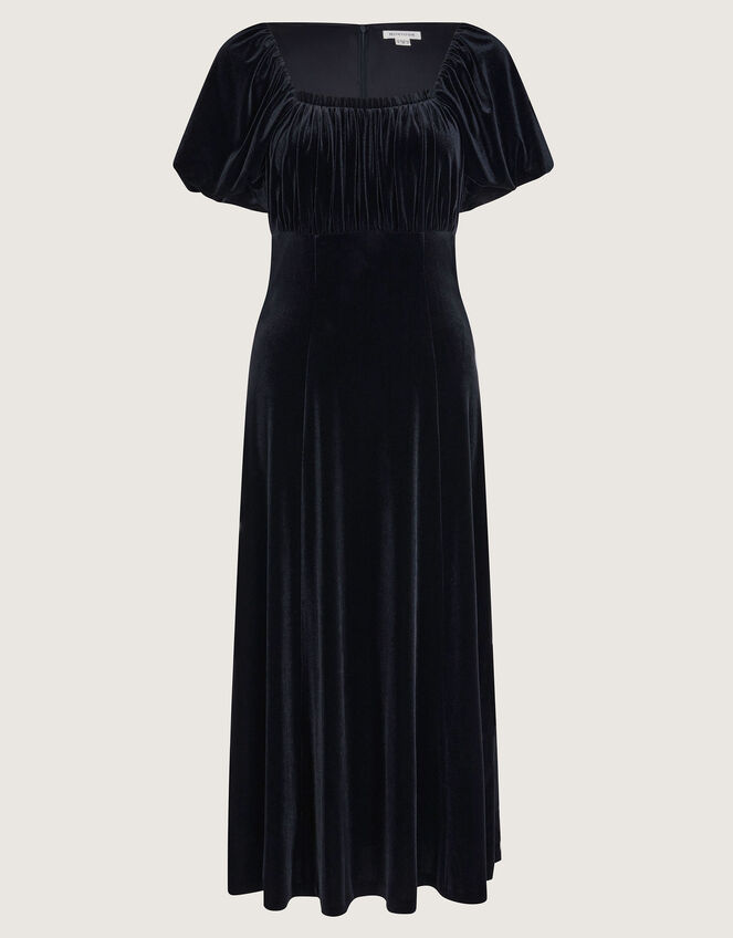 Cynthia Puff Sleeve Velvet Midi Dress, Black (BLACK), large