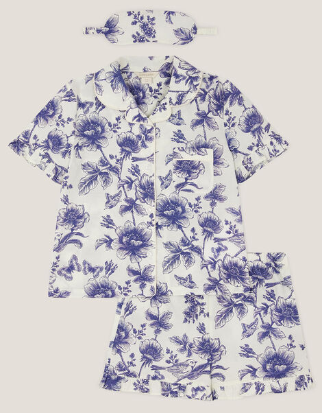 Floral Print Pyjama & Sleep Mask Set, Blue (BLUE), large