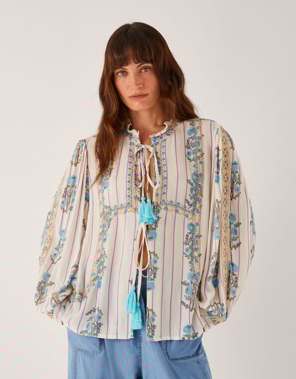 Elora Floral Stripe Tie Blouse, Ivory (IVORY), large