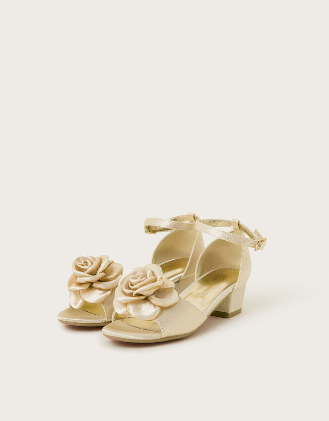 Satin Flower Peep Toe Heels, Gold (GOLD), large