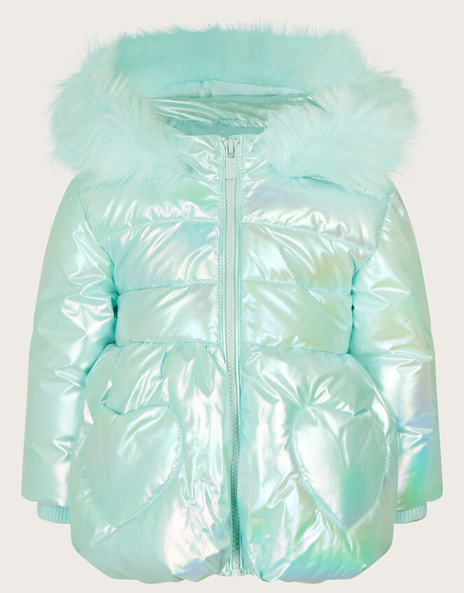Baby Iridescent Padded Coat with Hood, Blue (AQUA), large