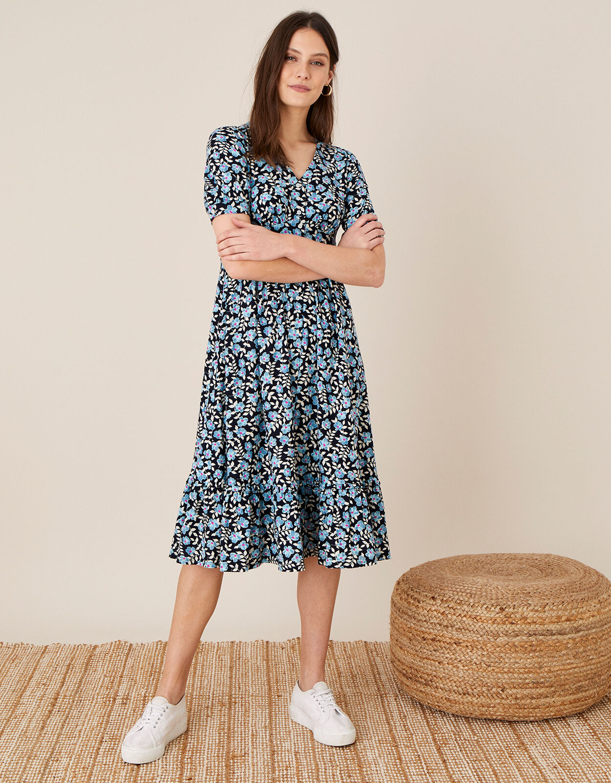 Athena Floral Print Midi Dress Blue Midi Dresses Monsoon Global