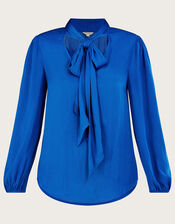 Katie Satin Pussybow Blouse with Recycled Polyester, Blue (COBALT), large