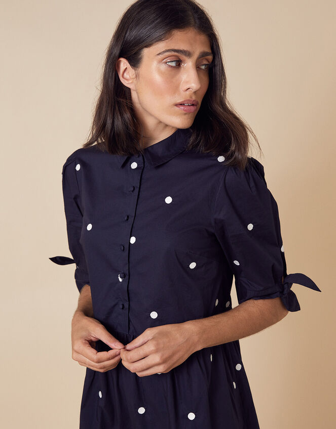 Spot Print Poplin Dress in Organic Cotton, Blue (NAVY), large