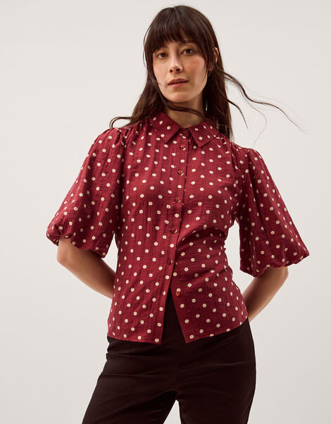 Claire Puff Sleeve Polka Dot Shirt, Red (BERRY), large