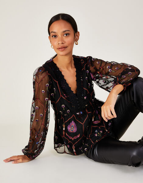 Fenn Embroidered Blouse in Recycled Polyester Black, Black (BLACK), large