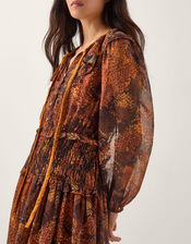 Synthia Snake Print Smocked Midi Dress, Yellow (OCHRE), large