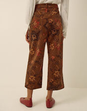 Princella High Waisted Cropped Floral Corduroy Trousers, Brown (BROWN), large
