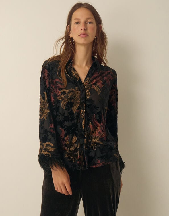 Dora Faux Feather Floral Devor&eacute; Shirt, Black (BLACK), large