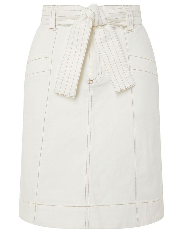 Belted Denim Skirt in Organic Cotton, Natural (ECRU), large