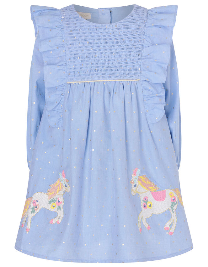 Baby Horse Foil Spot Chambray Dress, Blue (BLUE), large