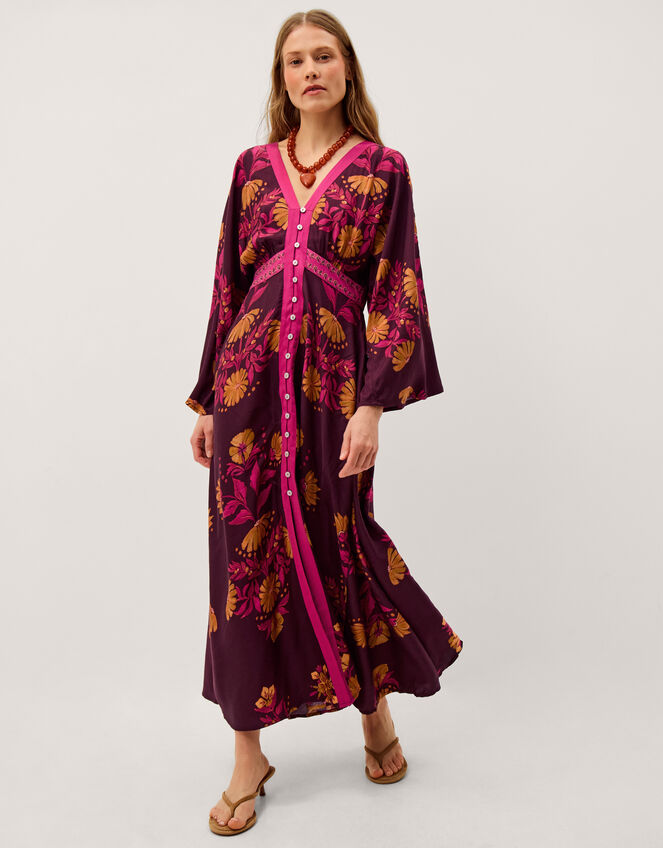 Koa Long Sleeve Floral Midi Dress, Red (BERRY), large