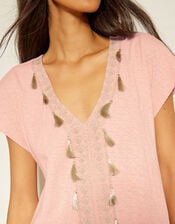 Jodie Tassel Beach Tunic Mini Dress, Pink (PINK), large