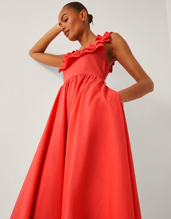 Maria Sleeveless Ruffle Midi Dress, Orange (CORAL), large