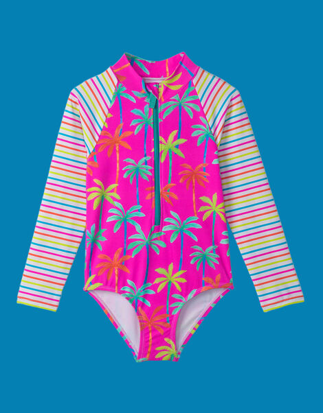 Hatley Palm Print Long Sleeve Swimsuit, Pink (PINK), large