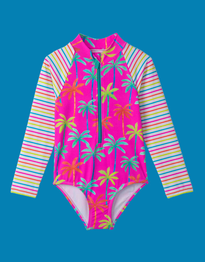 Hatley Palm Print Long Sleeve Swimsuit, Pink (PINK), large